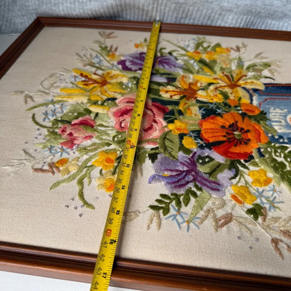 VTG Handmade Crewel Embroidery Floral Bouquet Pure Cocoa Tin Framed Art 21x17